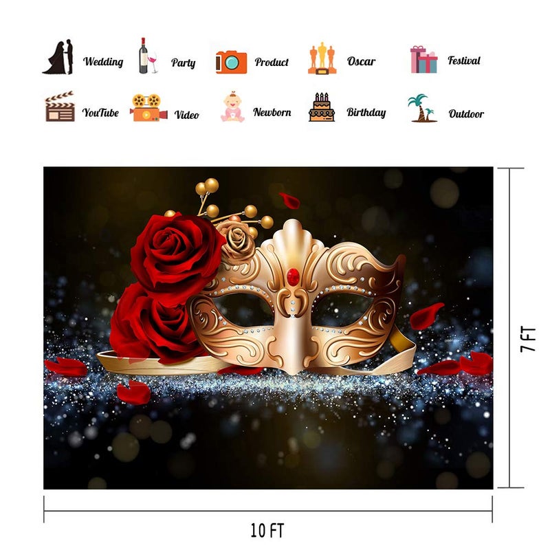 PHMOJEN Golden Mask Red Rose Photography Backdrop for Masquerade Theme Party Photo Background Vinyl 10x7ft LYPH212 - Image 2